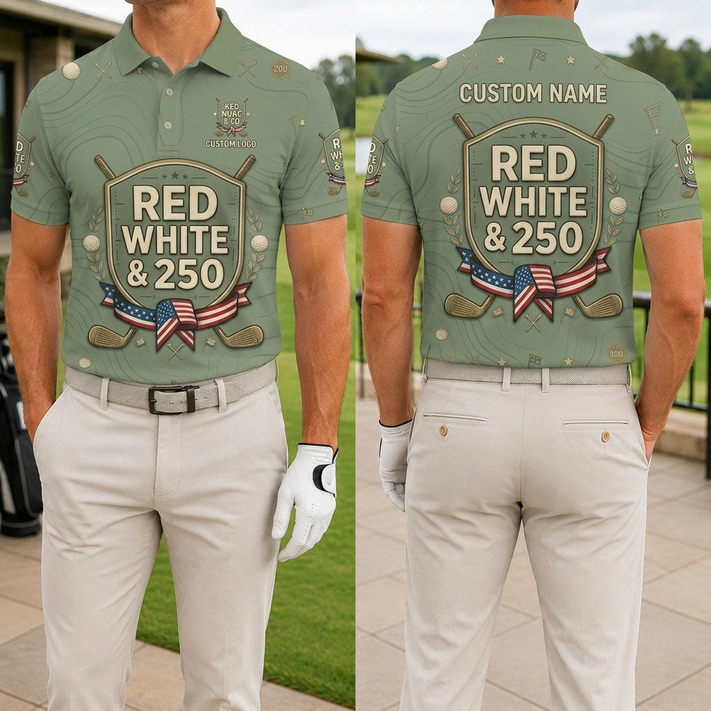 Front and back view of a personalized sage green USA Red White polo shirt showing the custom name printing area on the back.