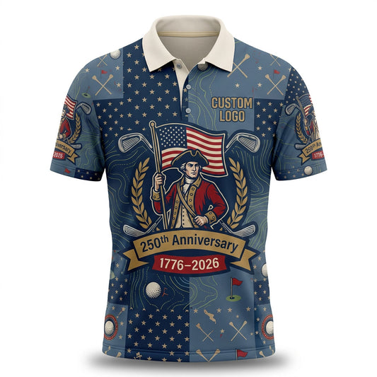 Front view of a vintage cream and navy USA Revolutionary Patriot 250th Anniversary golf polo shirt with custom player name option badge.