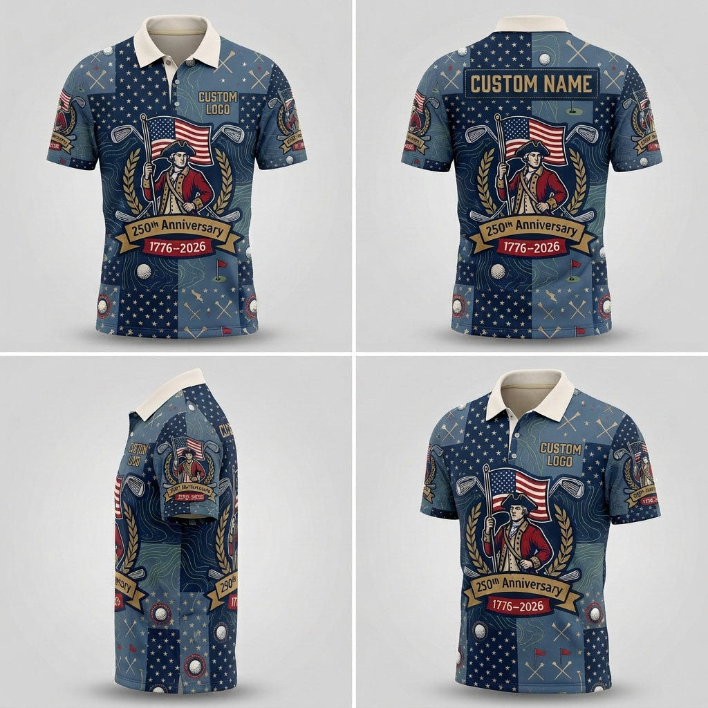 Multi-angle product display grid showcasing the navy star pattern, topographic design lines, and athletic tailored fit of the polo shirt.