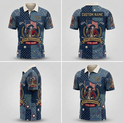 Multi-angle product display grid showcasing the navy star pattern, topographic design lines, and athletic tailored fit of the polo shirt.