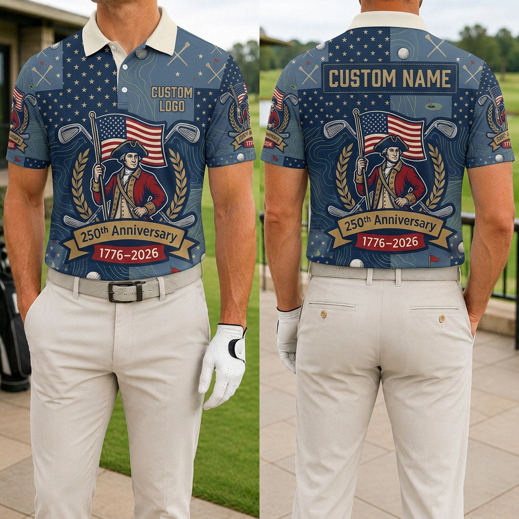 Front and back view of a personalized USA Minuteman Patriot polo shirt showing the custom name printing area on the back.