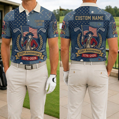 Front and back view of a personalized USA Minuteman Patriot polo shirt showing the custom name printing area on the back.