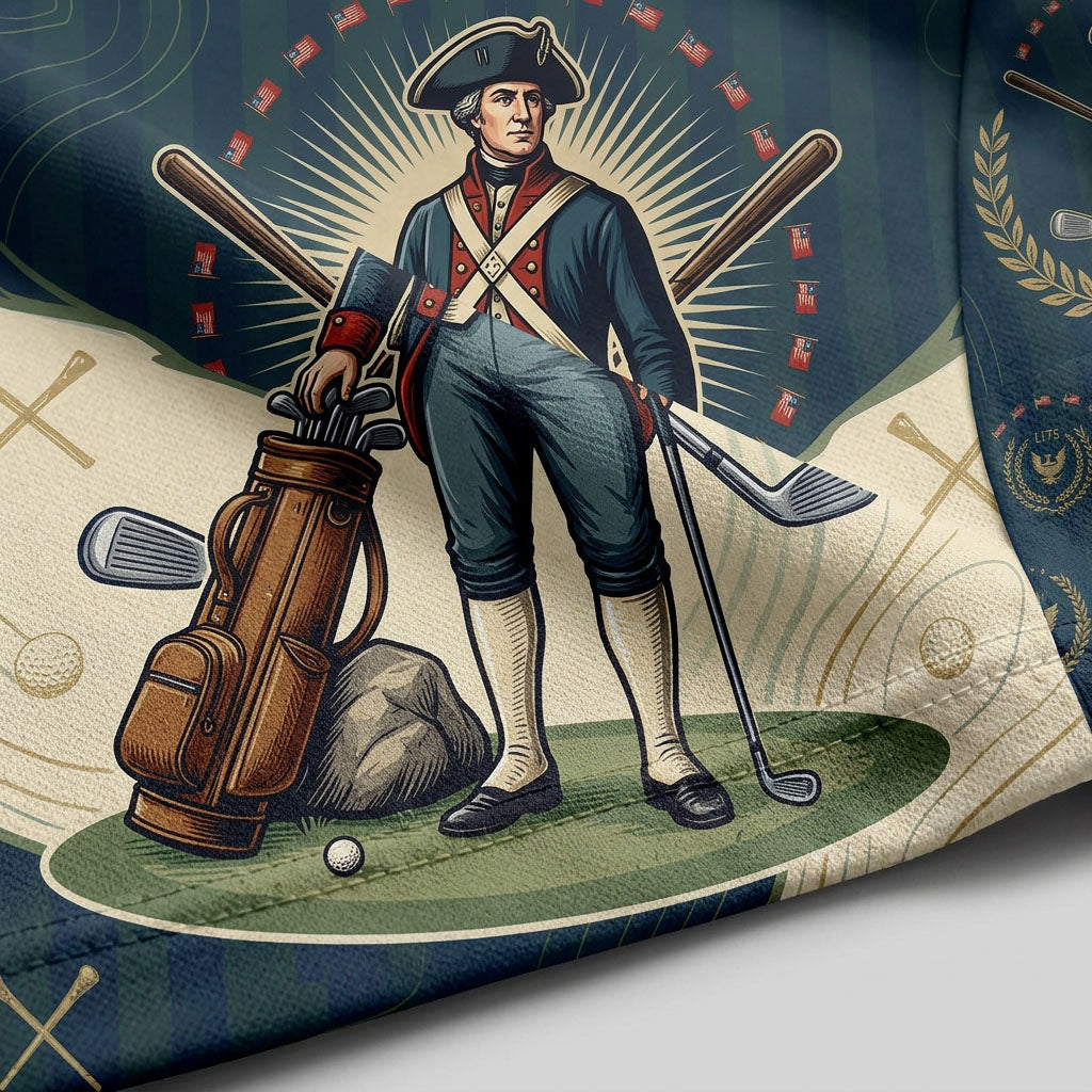Close-up shot of the high-definition printed Revolutionary soldier, patriotic star wreath, and crossed golf clubs.