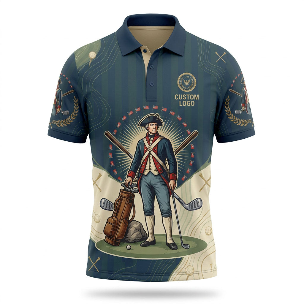 Front view of a teal striped USA Revolutionary Patriot Minuteman golf polo shirt with custom name options.