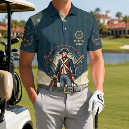 A male golfer wearing the customized USA Minuteman Patriot polo standing proudly on a premium country club fairway green.