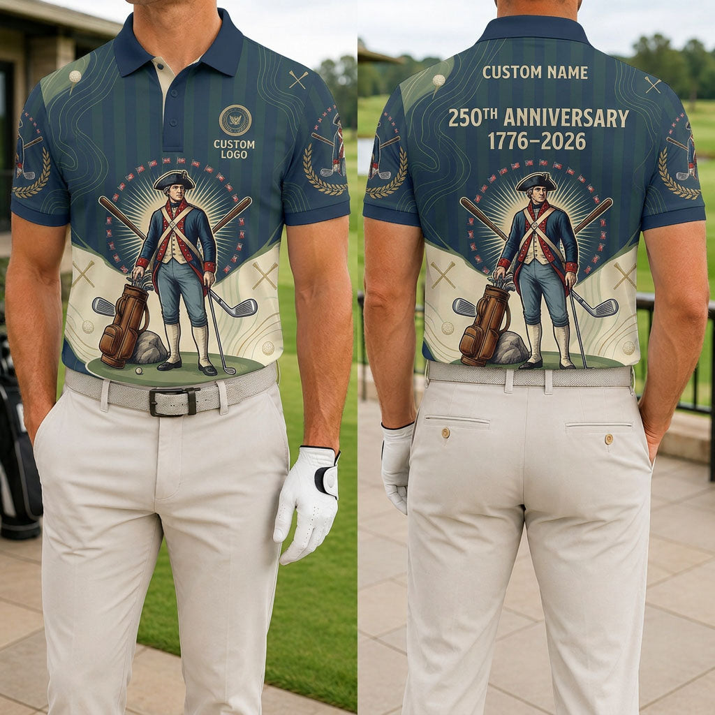 Front and back view of a personalized USA Minuteman Patriot polo shirt showing the custom name printing area on the back.