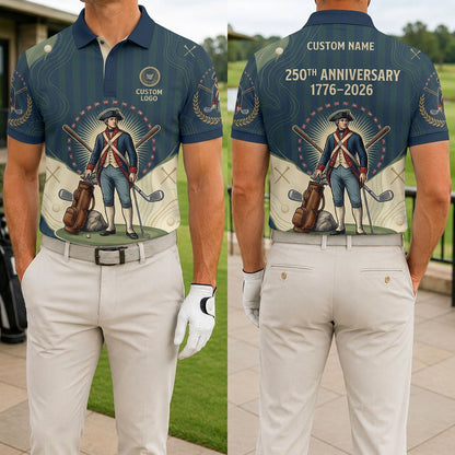 Front and back view of a personalized USA Minuteman Patriot polo shirt showing the custom name printing area on the back.