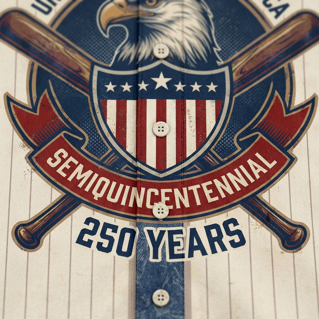 Close-up shot of the high-quality buttons and detailed print reading Semiquincentennial 250 Years on a cream pinstripe patriotic baseball jersey.