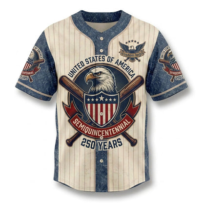 Front view of a cream pinstripe USA Semiquincentennial 250 Years baseball jersey with a vintage American eagle shield graphic and blue denim textures.