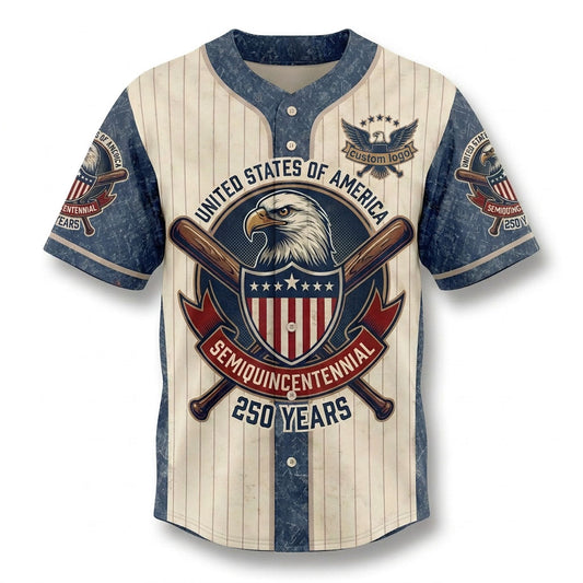 Front view of a cream pinstripe USA Semiquincentennial 250 Years baseball jersey with a vintage American eagle shield graphic and blue denim textures.