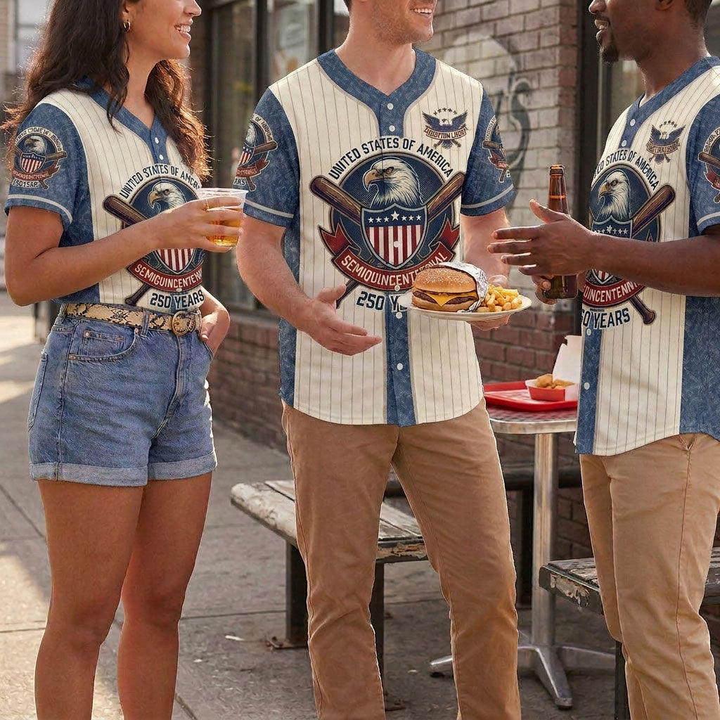 A group of multi-ethnic friends wearing matching patriotic USA Semiquincentennial baseball jerseys while enjoying a casual outdoor barbecue party.