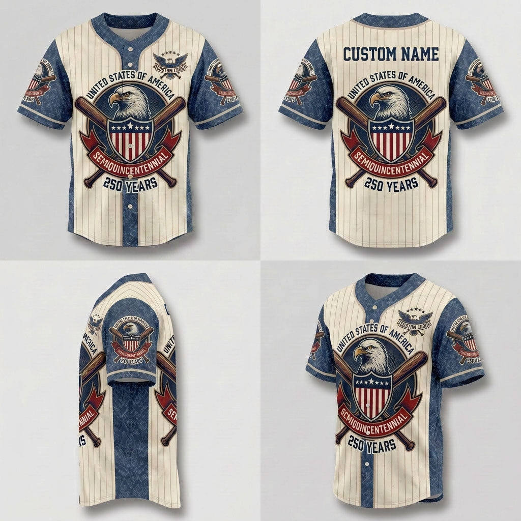 Multi-angle product display grid showing the front, back, side sleeve view, and perspective angle of the 250th American independence anniversary jersey.