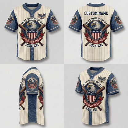Multi-angle product display grid showing the front, back, side sleeve view, and perspective angle of the 250th American independence anniversary jersey.