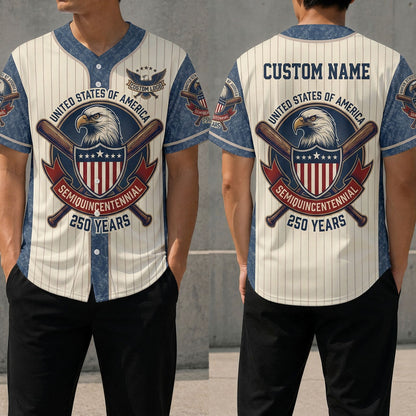 Front and back view of a custom name USA Semiquincentennial baseball jersey featuring 250 years patriotic bald eagle emblem and crossed bats design.