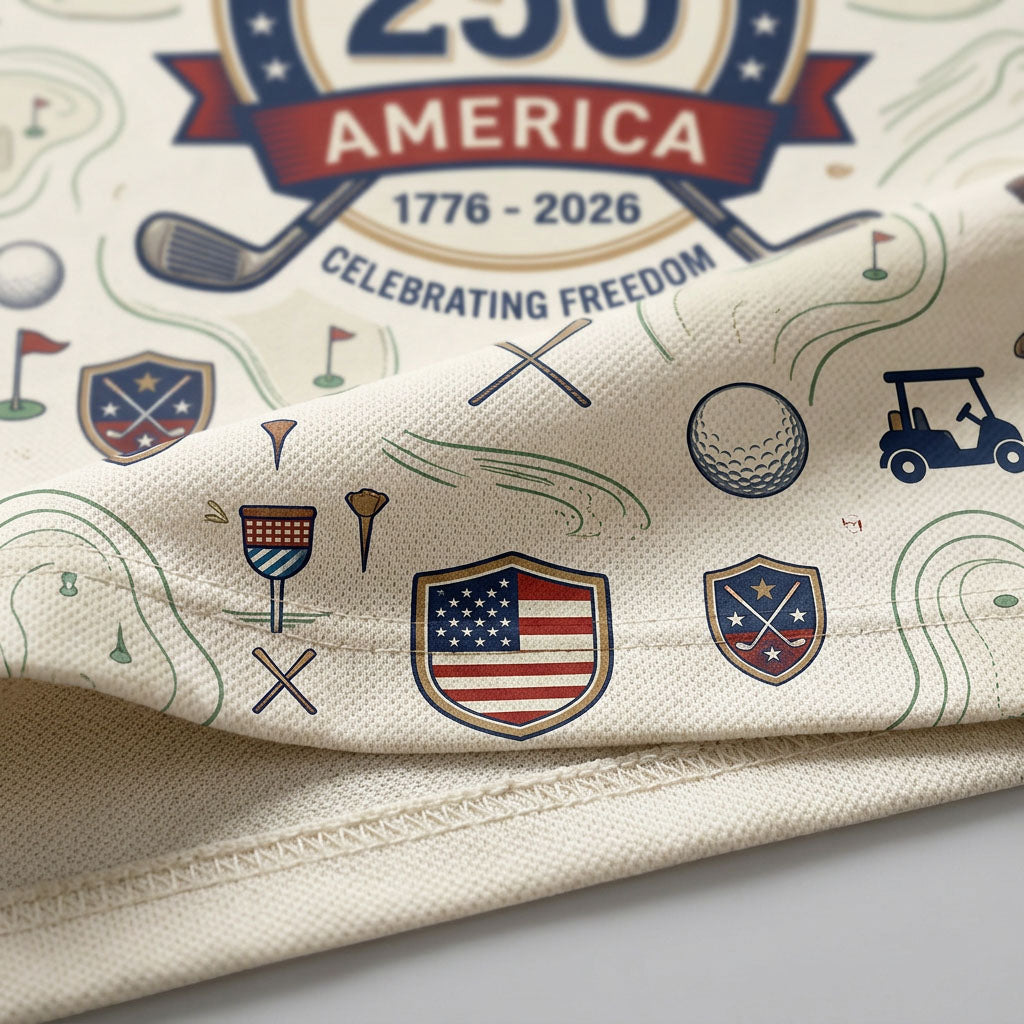 Close up detail of the golf polo hem showing the line-art golf pattern, patriotic shields, and crisp fabric weave.