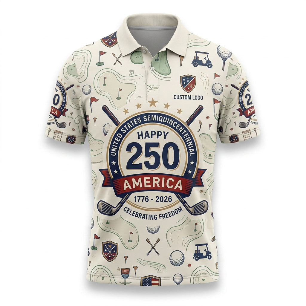 Flat lay presentation of the custom cream-colored USA semiquincentennial 250 years celebration golf polo shirt.