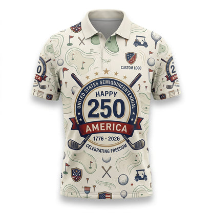 Flat lay presentation of the custom cream-colored USA semiquincentennial 250 years celebration golf polo shirt.