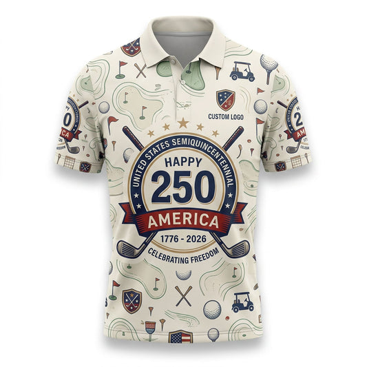 Flat lay presentation of the custom cream-colored USA semiquincentennial 250 years celebration golf polo shirt.