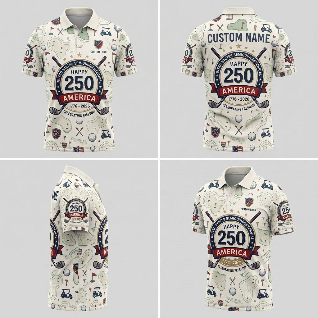 Product showcase grid with 4 angles displaying the front, back, and side profiles of the happy 250 America golf polo.
