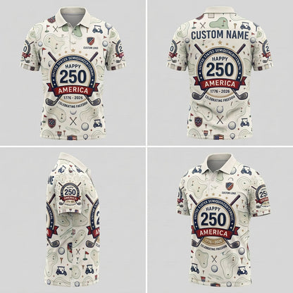 Product showcase grid with 4 angles displaying the front, back, and side profiles of the happy 250 America golf polo.