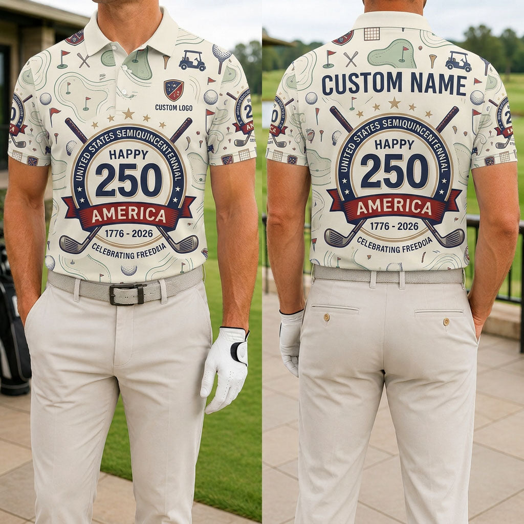 Front and back view of a man wearing the cream USA semiquincentennial happy 250 America golf polo with a custom name.