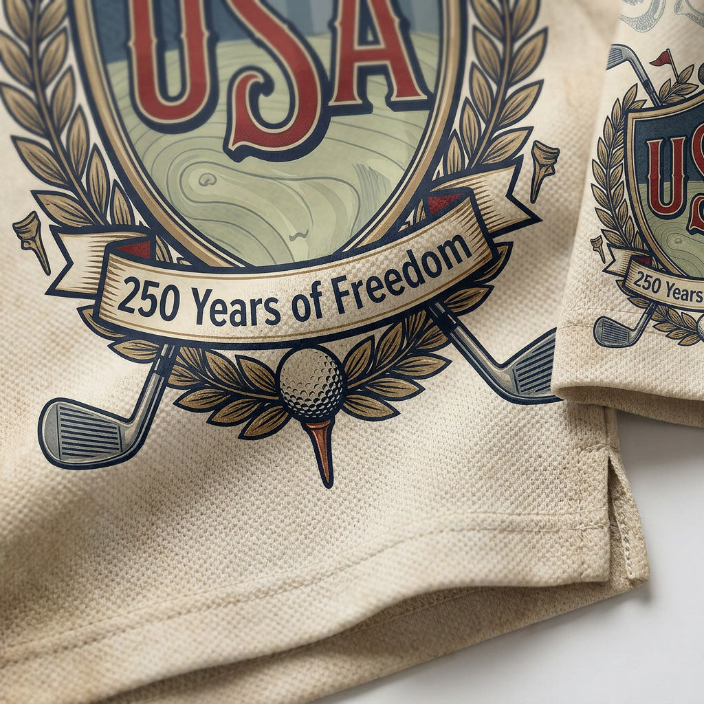 Close-up shot of the high-definition printed USA crest, crossed golf clubs, and 250 Years of Freedom ribbon on a premium polo shirt.