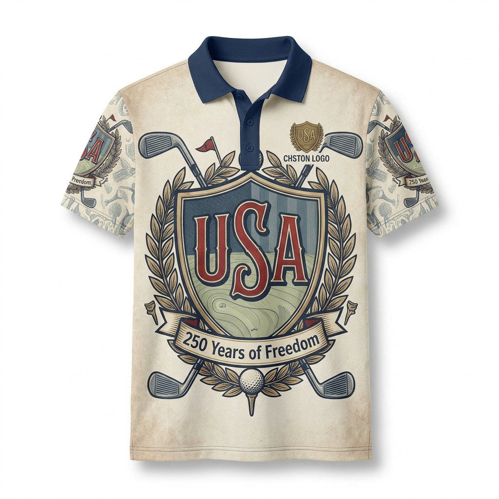 Front view of a vintage cream USA Shield 250 Years Freedom golf polo shirt with custom player name option badge.