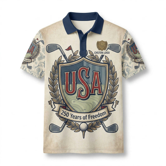 Front view of a vintage cream USA Shield 250 Years Freedom golf polo shirt with custom player name option badge.
