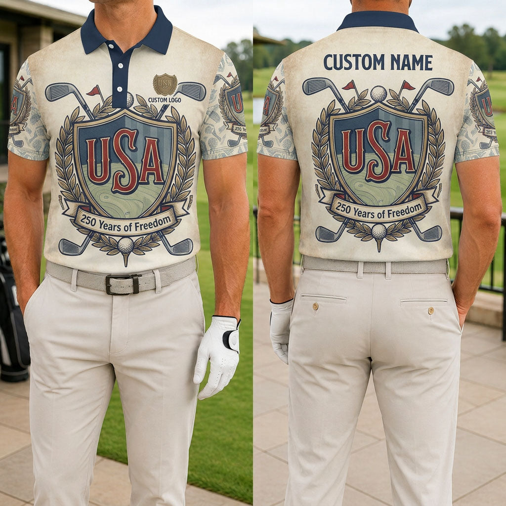 Front and back view of a personalized USA Shield golf polo shirt showing the custom name printing layout on the back yoke.