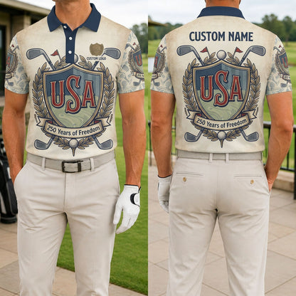 Front and back view of a personalized USA Shield golf polo shirt showing the custom name printing layout on the back yoke.