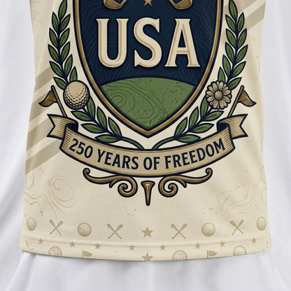 Close-up shot of the high-definition printed banner reading 250 Years of Freedom and intricate stitching on a performance polo shirt hem.