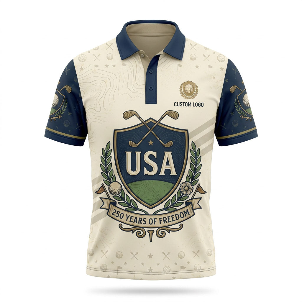 Front view of a cream and slate blue USA Shield 250 Years of Freedom golf polo shirt with a large patriotic crest and crossed clubs.
