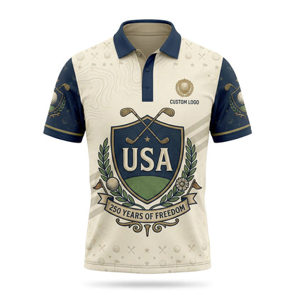 Front view of a cream and slate blue USA Shield 250 Years of Freedom golf polo shirt with a large patriotic crest and crossed clubs.