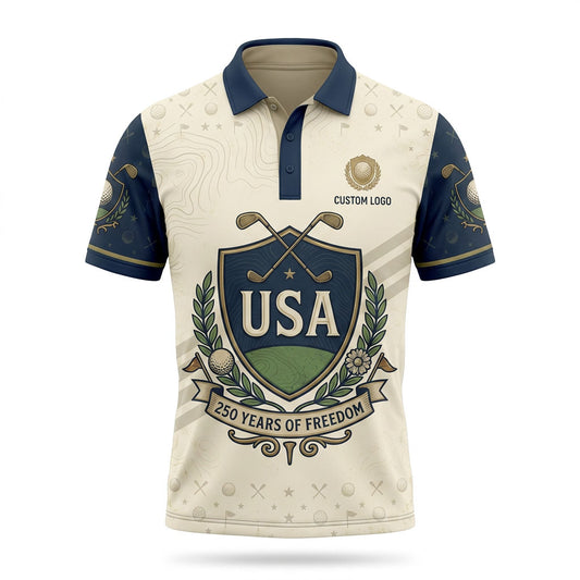 Front view of a cream and slate blue USA Shield 250 Years of Freedom golf polo shirt with a large patriotic crest and crossed clubs.