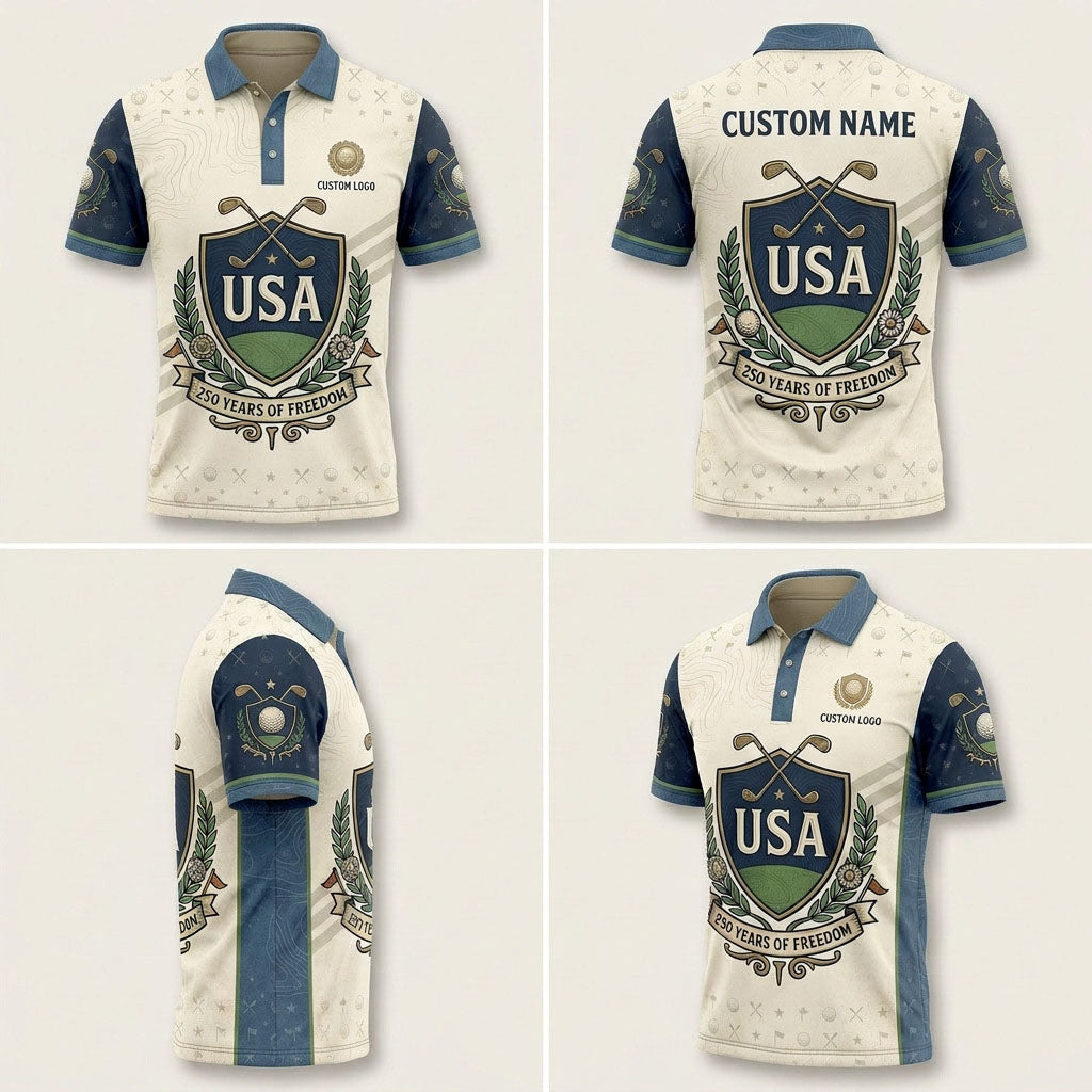 Multi-angle product display grid showcasing the front, back, side panel profile, and 3/4 perspective of the 250th anniversary golf polo.