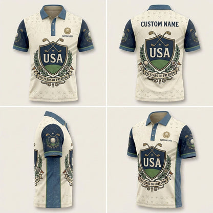 Multi-angle product display grid showcasing the front, back, side panel profile, and 3/4 perspective of the 250th anniversary golf polo.