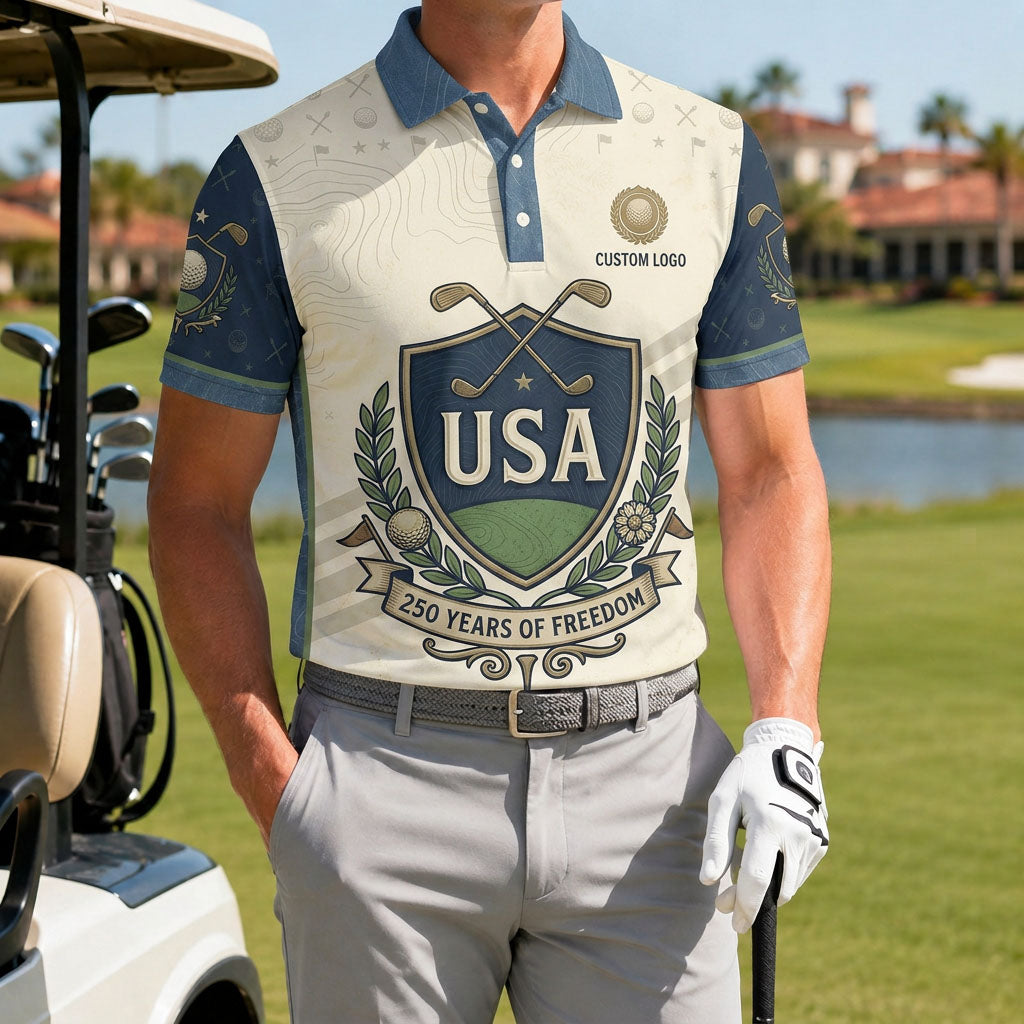 A male golfer wearing the custom USA Shield 250 Years polo shirt while standing confidently on a premium golf course fairway.