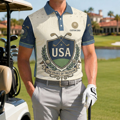 A male golfer wearing the custom USA Shield 250 Years polo shirt while standing confidently on a premium golf course fairway.