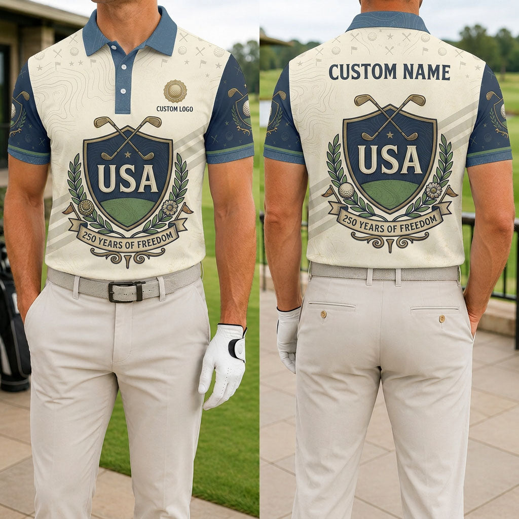 Front and back view of a custom name USA Shield golf polo shirt featuring a 250 Years of Freedom wreath ribbon and golf course emblem.