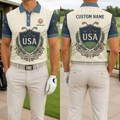Front and back view of a custom name USA Shield golf polo shirt featuring a 250 Years of Freedom wreath ribbon and golf course emblem.