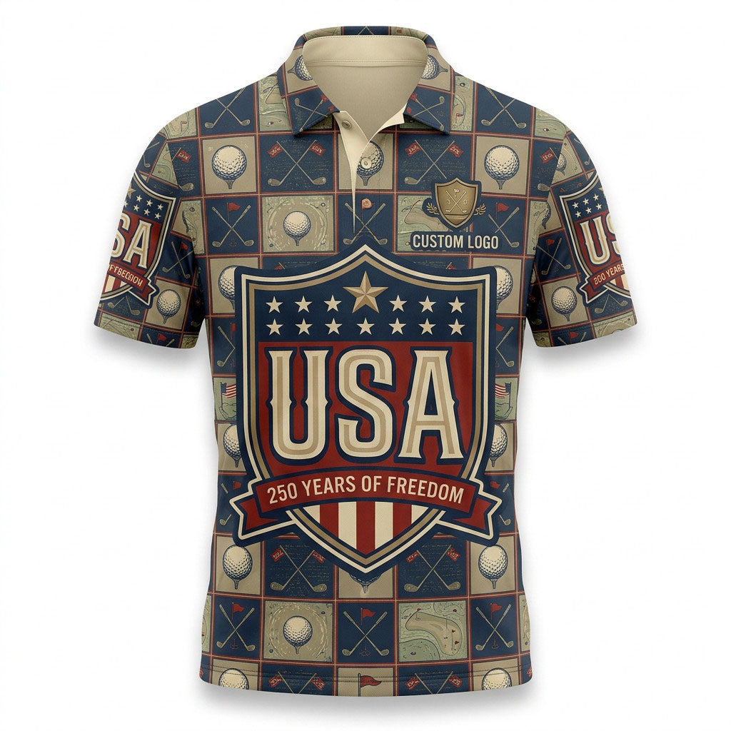 Front view of a checkered pattern USA Shield 250 Years of Freedom golf polo shirt with custom player name option badge.