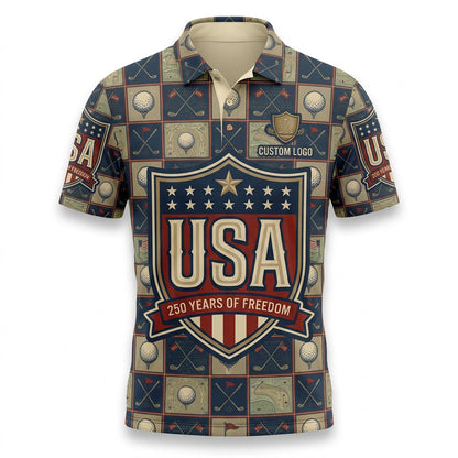 Front view of a checkered pattern USA Shield 250 Years of Freedom golf polo shirt with custom player name option badge.