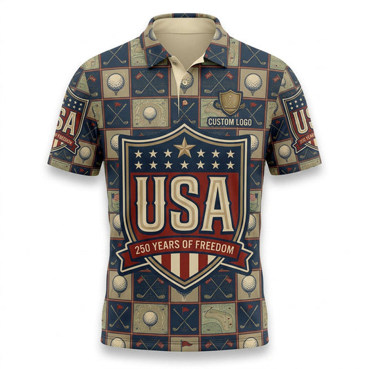 Front view of a checkered pattern USA Shield 250 Years of Freedom golf polo shirt with custom player name option badge.