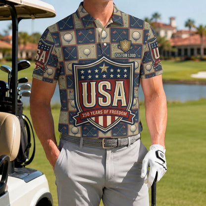 A male golfer wearing the customized USA Shield Checkered 250 Years polo shirt standing proudly on a premium country club fairway green.