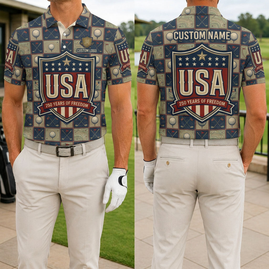 Front and back view of a personalized USA Shield Checkered polo shirt showing the custom name printing area on the back.