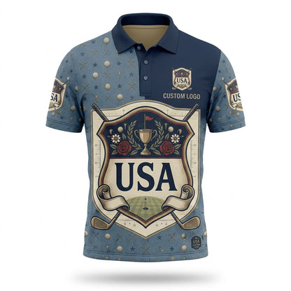 Front view of an asymmetrical navy USA Shield Roses Trophy golf polo shirt with custom player name option badge.
