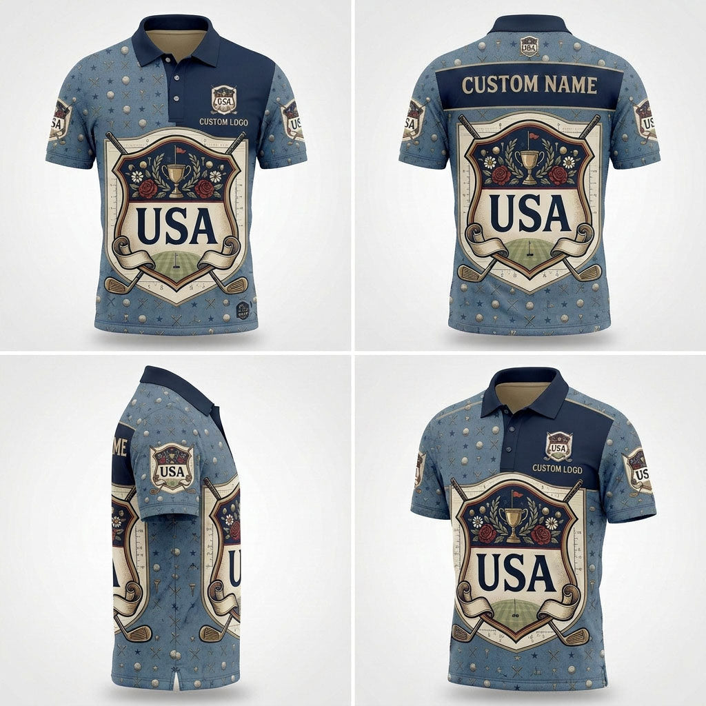 Multi-angle product display grid showcasing the front, back, star pattern details, and athletic tailored fit of the polo shirt.