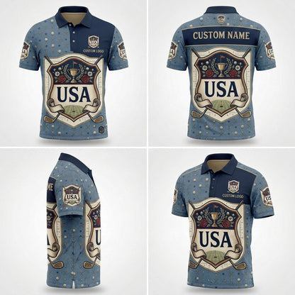 Multi-angle product display grid showcasing the front, back, star pattern details, and athletic tailored fit of the polo shirt.