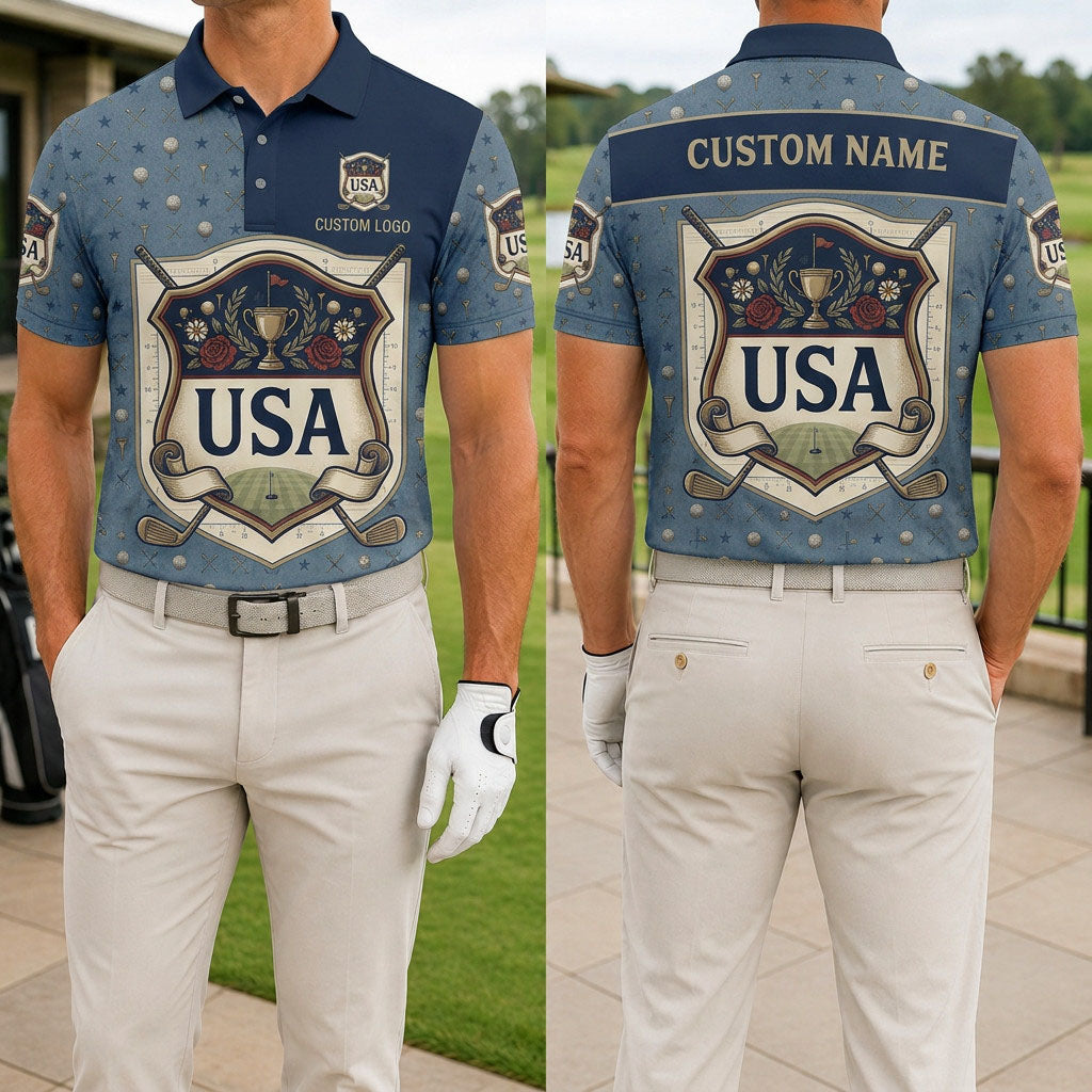 Front and back view of a personalized USA Shield Roses polo shirt showing the custom name printing area on the back.