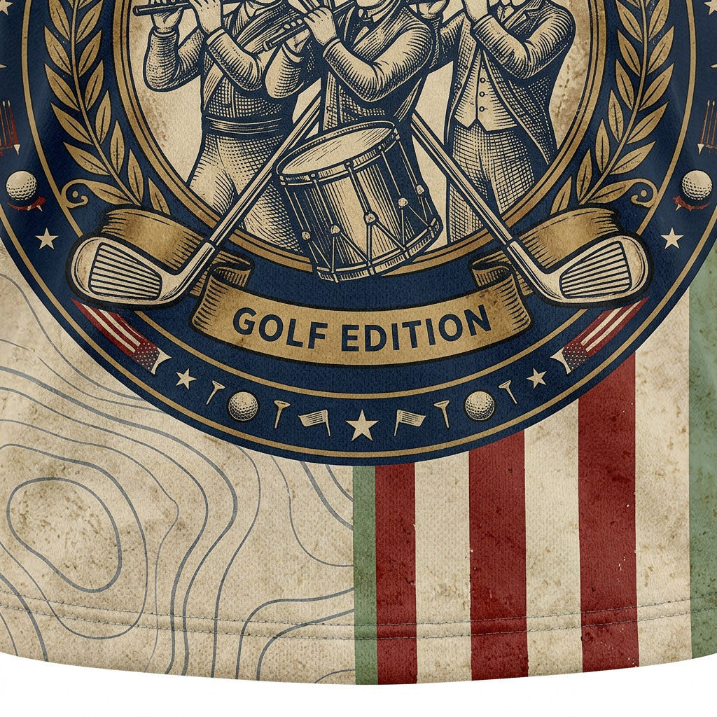 Close-up shot of the high-definition printed historical revolutionary musicians emblem and Golf Edition banner text on a polo shirt.